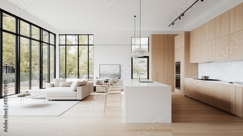 Obraz na płótnie Light-filled modern kitchen with light wood cabinets, a white island, and large windows looking out to trees. w salonie