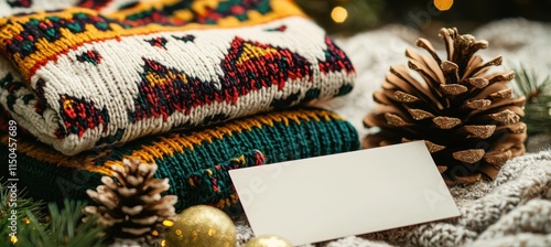 Festive Holiday Sweater with Gift Card and Pinecones for Seasonal Decoration and Gifting photo