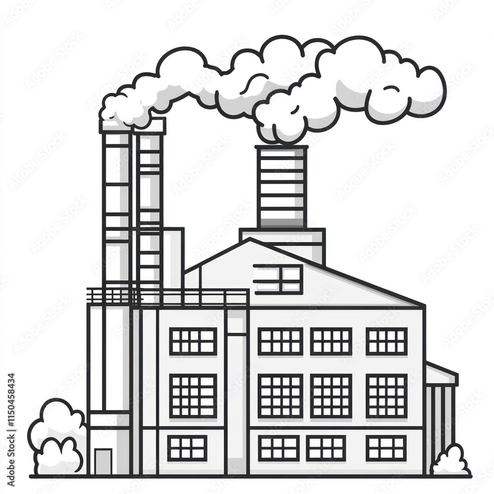 Naklejka premium Industrial Factory Building Emits Smoke From Tall Chimneys