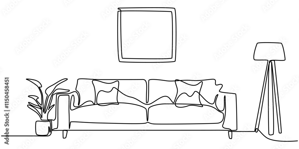 Fototapeta premium Continuous one line drawing armchair, nightstand and lamp. Living room interior in loft apartment. Modern furniture in simple Linear style. Doodle style, Continuous line drawing of sofa, lamp and plan