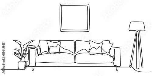 Continuous one line drawing armchair, nightstand and lamp. Living room interior in loft apartment. Modern furniture in simple Linear style. Doodle style, Continuous line drawing of sofa, lamp and plan