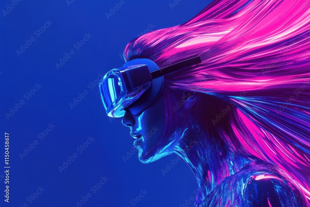 Obraz premium Abstract Portrait of a Woman in Her 30s Wearing VR Glasses, Head Tilted Upward, Illuminated by Vibrant Neon Blue and Pink Lighting for Futuristic Aesthetic