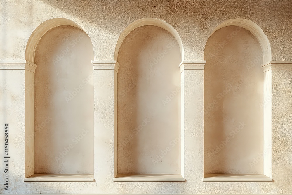 Three arched niches recessed into a beige stucco wall are shown in the image. The light hitting the niches casts soft shadows, creating depth.