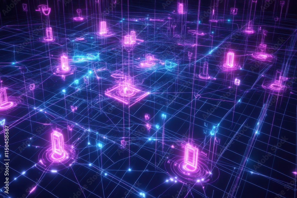 Obraz premium Abstract Neon Grid Network Map with Locked and Unlocked Icons, Dynamic Cyber Effects and Stylized Vector Art Suitable for Technology and Data Backgrounds