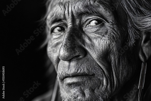 Close up black and white portrait capturing the weathered face of a contemplative senior apache man, highlighting his rich history and cultural heritage