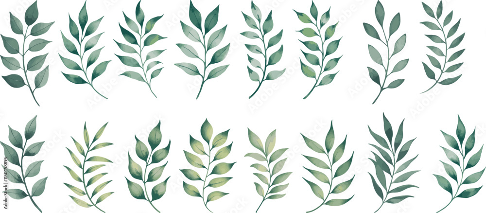 Green watercolor leaves on isolated background. Hand painted branches leaves, Eucalyptus leaves.
Green watercolor leaves on isolated background. Hand painted branches leaves, Eucalyptus leaves.
