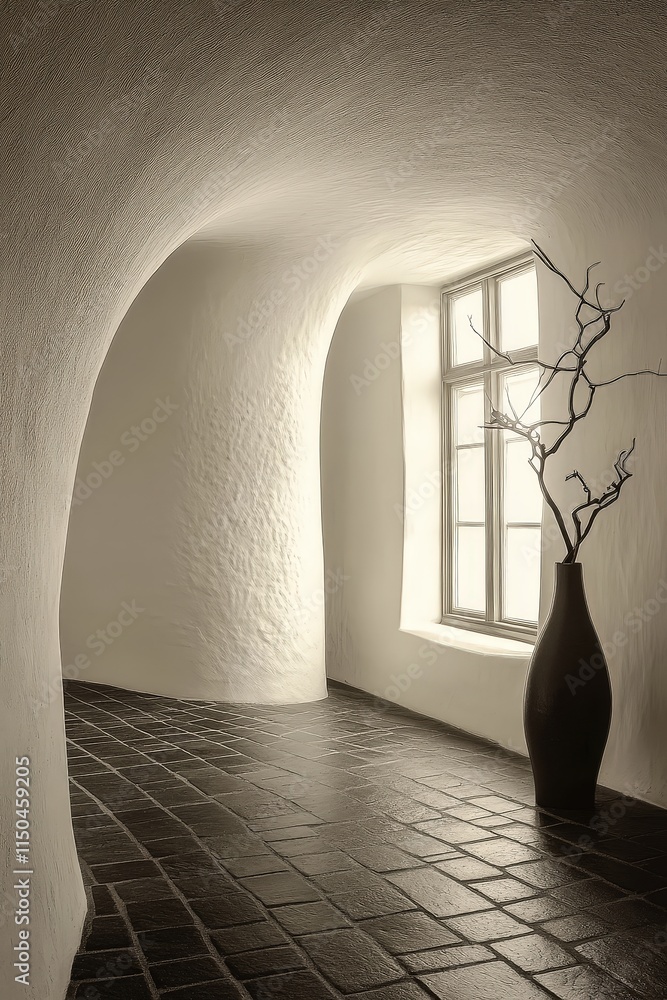 A winding, light-filled hallway with arched walls and dark brick floor. Windows are visible.