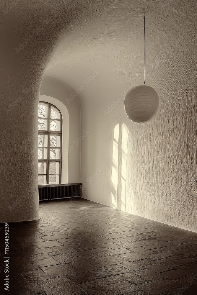 A winding, light-filled hallway with arched walls and dark brick floor. Windows are visible.