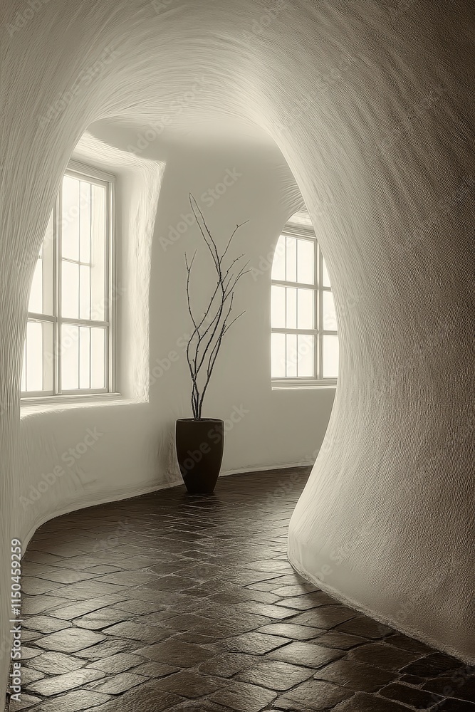 A winding, light-filled hallway with arched walls and dark brick floor. Windows are visible.
