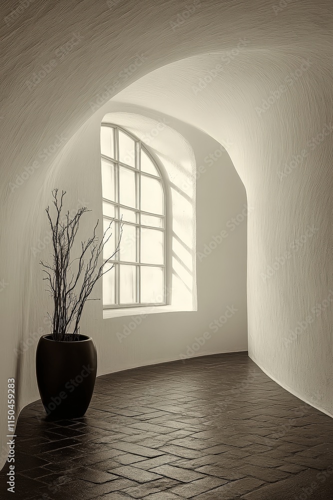 A winding, light-filled hallway with arched walls and dark brick floor. Windows are visible.