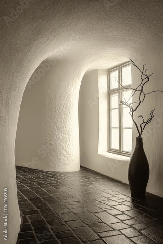 Obraz na płótnie A winding, light-filled hallway with arched walls and dark brick floor. Windows are visible. w salonie