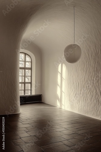 Obraz na płótnie A winding, light-filled hallway with arched walls and dark brick floor. Windows are visible. w salonie