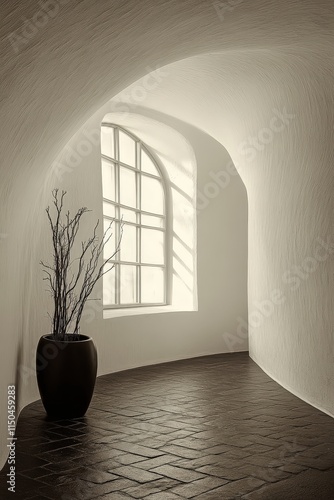 Obraz na płótnie A winding, light-filled hallway with arched walls and dark brick floor. Windows are visible. w salonie