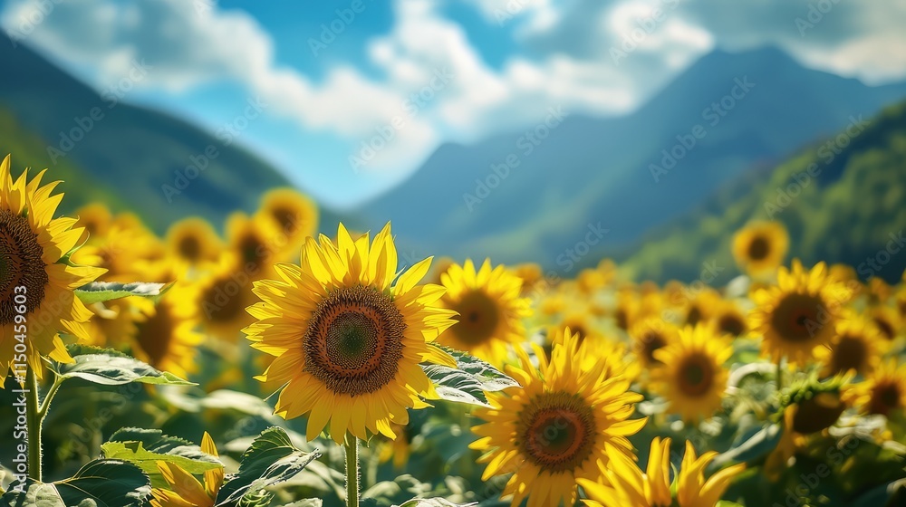 Fototapeta premium vibrant field of sunflowers against a mountainous backdrop