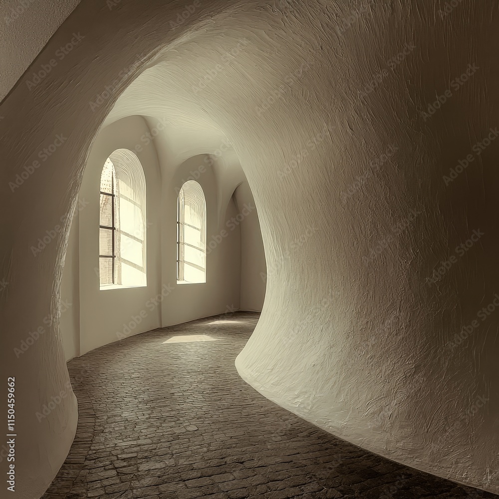 A winding, light-filled hallway with arched walls and dark brick floor. Windows are visible.