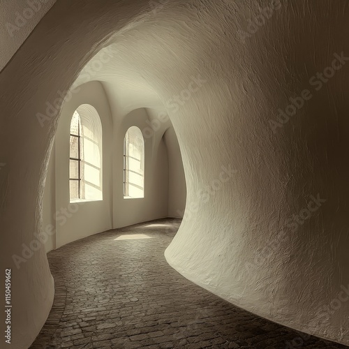 Obraz na płótnie A winding, light-filled hallway with arched walls and dark brick floor. Windows are visible. w salonie
