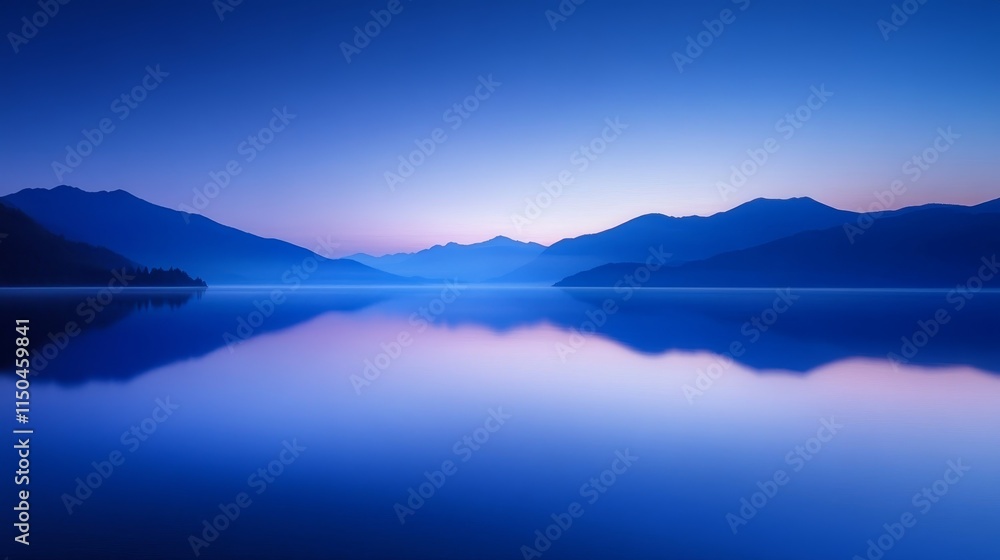 Serene twilight over a calm lake, reflecting mountains and a tranquil sky. Serene twilight over a calm lake, reflecting mountains and a tranquil sky.