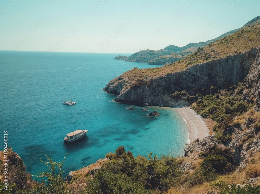 Obraz premium Secluded Coastal Cove with Boats and Lush Green Hills
