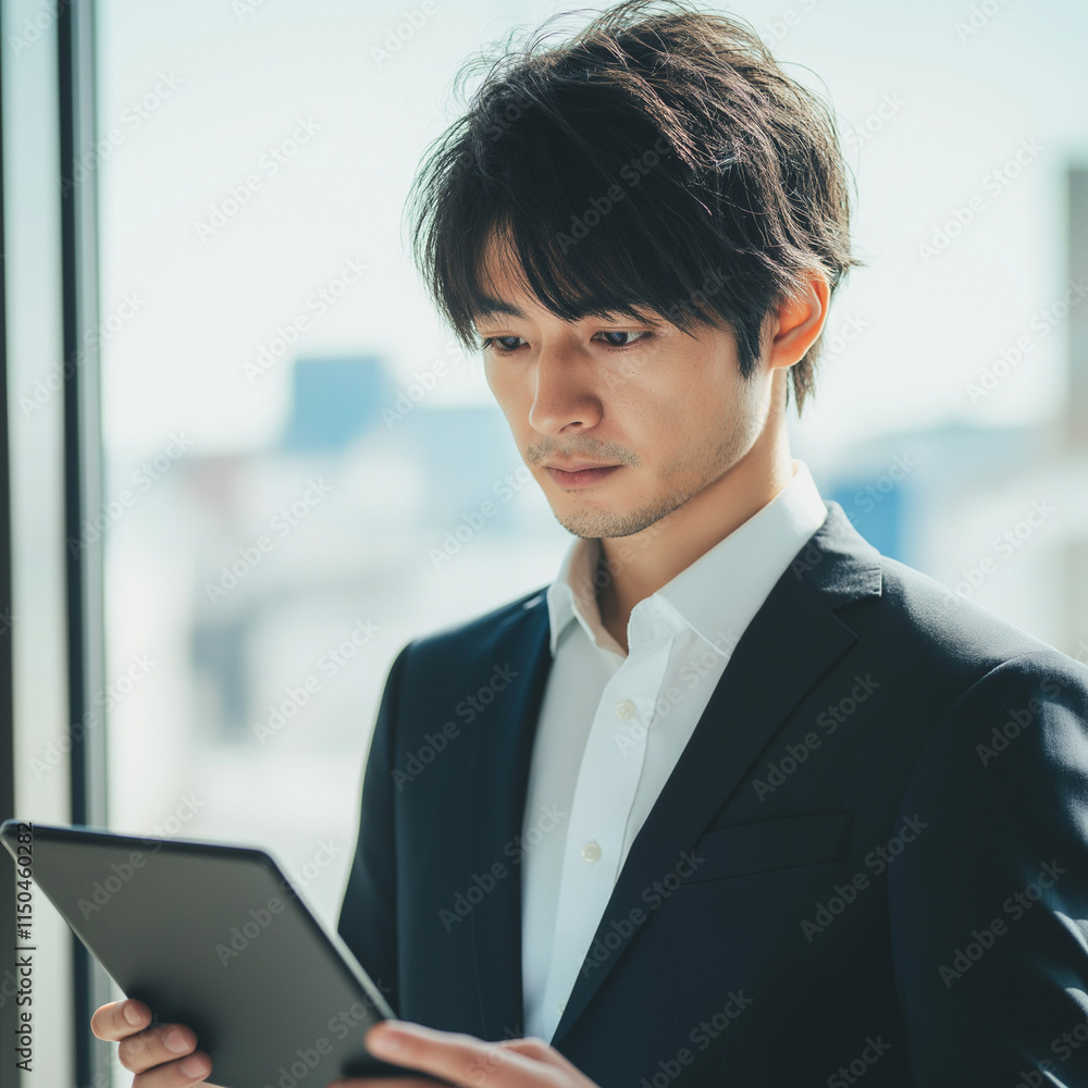 Business professional engaged in tablet discussion urban office portrait image natural light dynamic concept for modern work culture Business professional engaged in tablet discussion urban office portrait image natural light dynamic concept for modern work culture