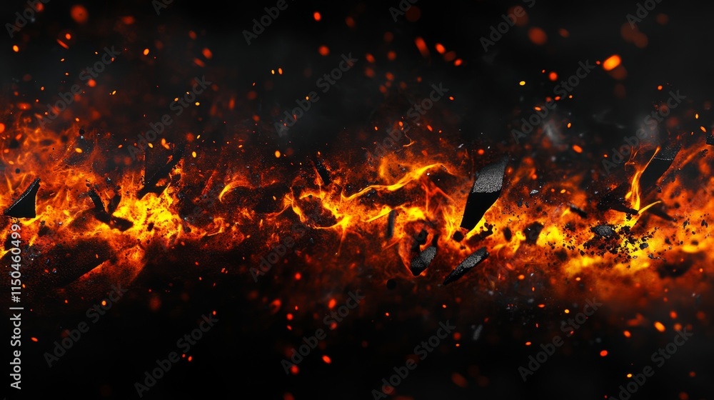 A dramatic depiction of fiery flames and embers against a dark background. A dramatic depiction of fiery flames and embers against a dark background.