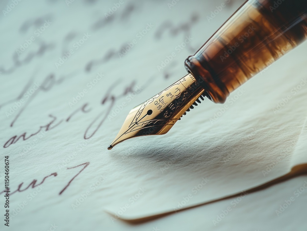 Fototapeta premium Fountain pen with gold nib writing on parchment with cursive text
