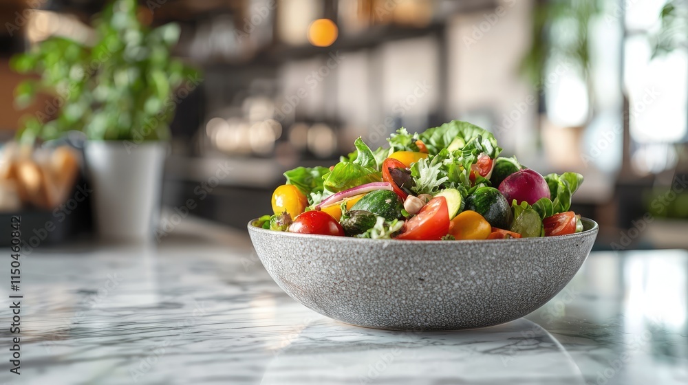 fresh salad in a bowl on a marble table in a cafe setting fresh salad in a bowl on a marble table in a cafe setting