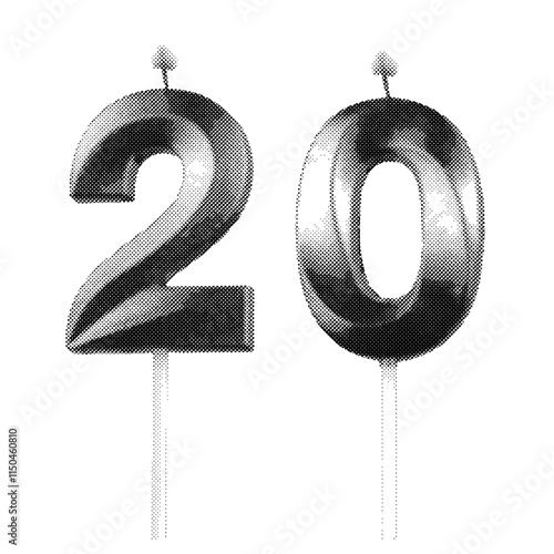 Candle shaped as the number 20. Black and gray tones in a retro, vintage style, with a lit flame on top. Grayscale dotted design, cutout effect. Vector illustration isolated on