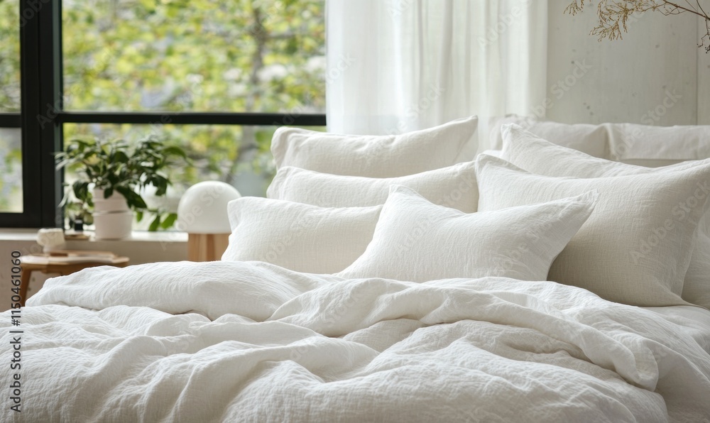 Cozy bed with white linens and pillows in a bright, airy bedroom Cozy bed with white linens and pillows in a bright, airy bedroom