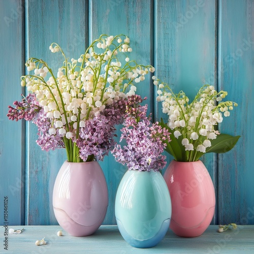Generated image  Pastel egg vases filled with lilies of the valley and lilac flowers, arranged against a blue wooden wall