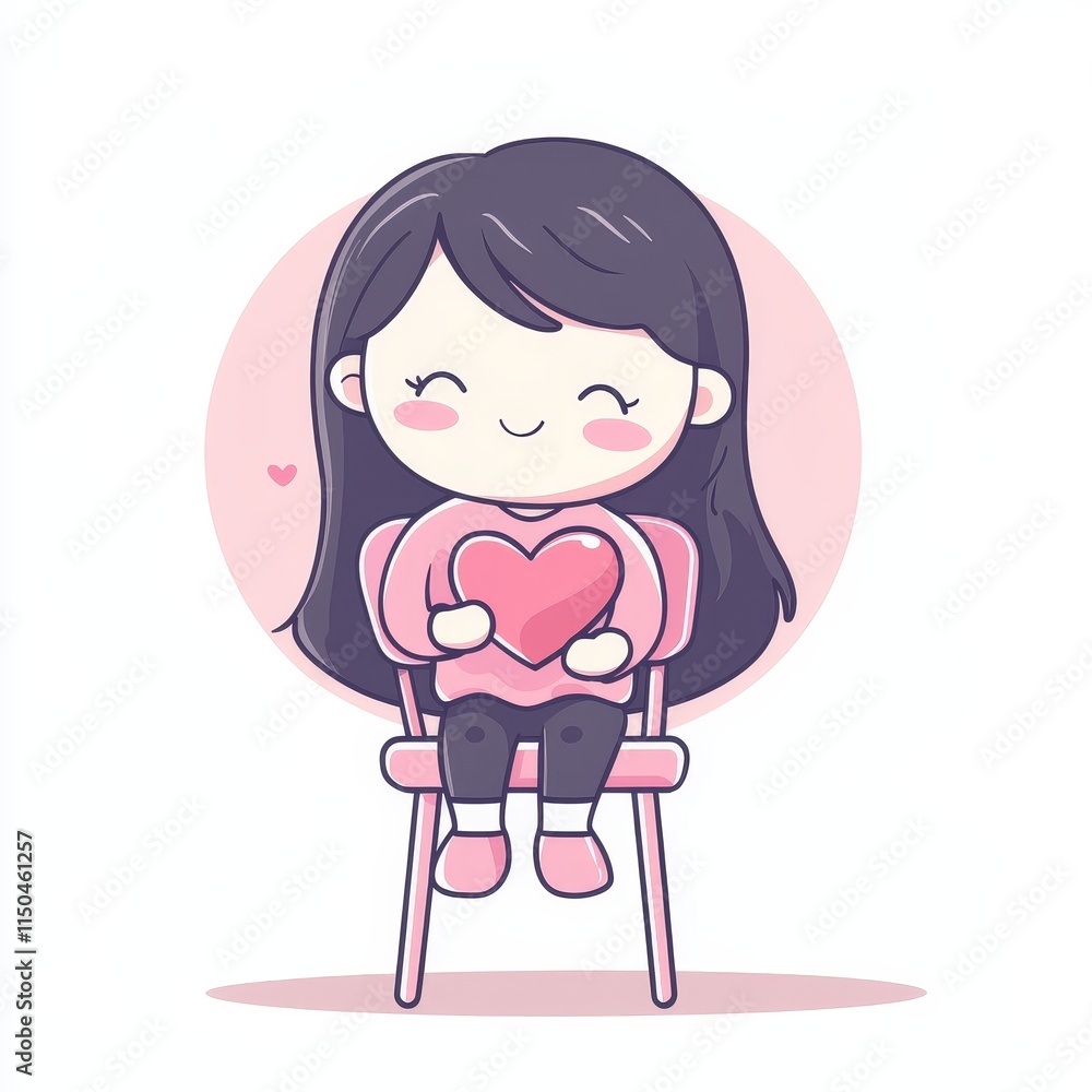 Cute Cartoon Girl Sitting on Chair with Heart Illustrating Love and Happiness Cute Cartoon Girl Sitting on Chair with Heart Illustrating Love and Happiness