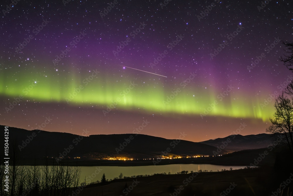 Aurora Borealis display over lake and mountains at night Aurora Borealis display over lake and mountains at night