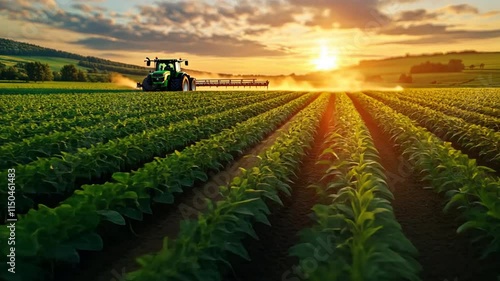 A tractor equipped with advanced spraying technology working through a soybean crop, demonstrating the integration of modern machinery in sustainable farming