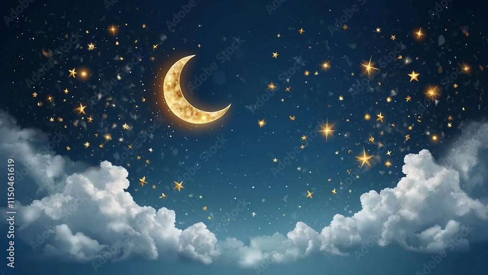 Naklejka premium Crescent moon, golden stars and white clouds 3d style isolated on blue background. Dream, lullaby, dreams background design for banner, booklet, poster. Vector illustration EPS10