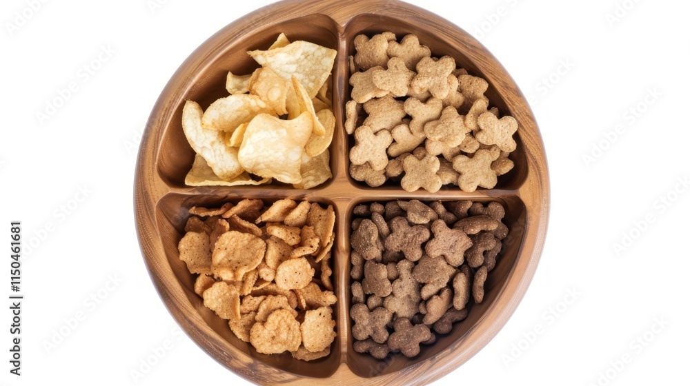 Assorted Snacks in Wooden Bowl: A Delicious Variety of Crispy Treats Assorted Snacks in Wooden Bowl: A Delicious Variety of Crispy Treats