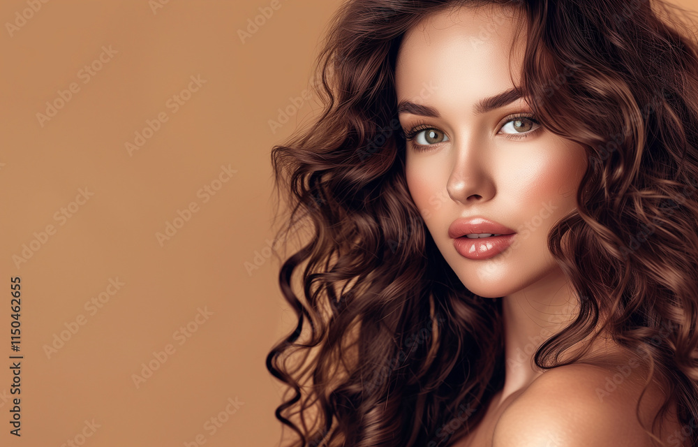 Naklejka premium Close-up portrait of young glam lady with healthy wavy hairstyle. Beautiful woman portrait.