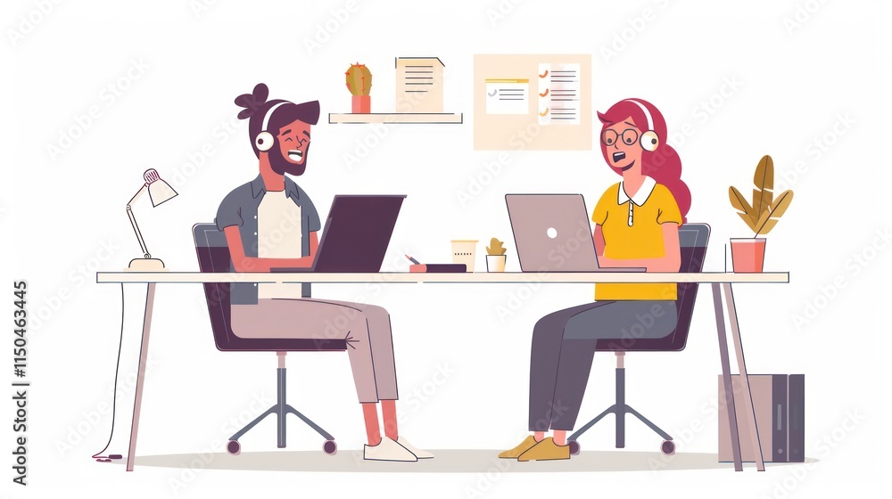 Collaborative Teamwork: Two Colleagues Working Together on Laptops in a Modern Office Setting Collaborative Teamwork: Two Colleagues Working Together on Laptops in a Modern Office Setting