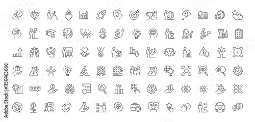 Growth and success line icons collection. Successful business development, plan and process vector icon set in flat design. Goals and Target Related. Editable stroke.