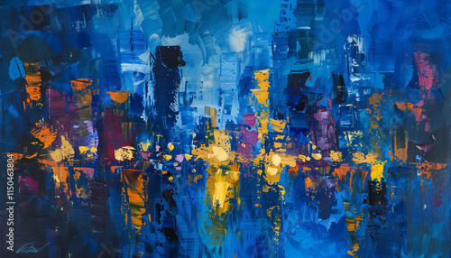Blue color art abstract night lights of a modern futuristic cityscape. Pinting building, urban architecture background