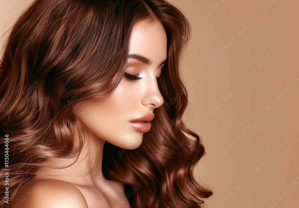 Fototapeta premium Beauty fashion portrait of glamour woman with beautiful make-up and curly long hair. Hair care, cosmetic, style and elegance concept