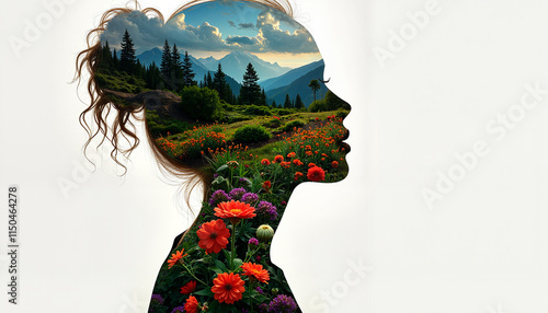 Double exposure portrait of a woman with vibrant flowers and mountains landscape inside