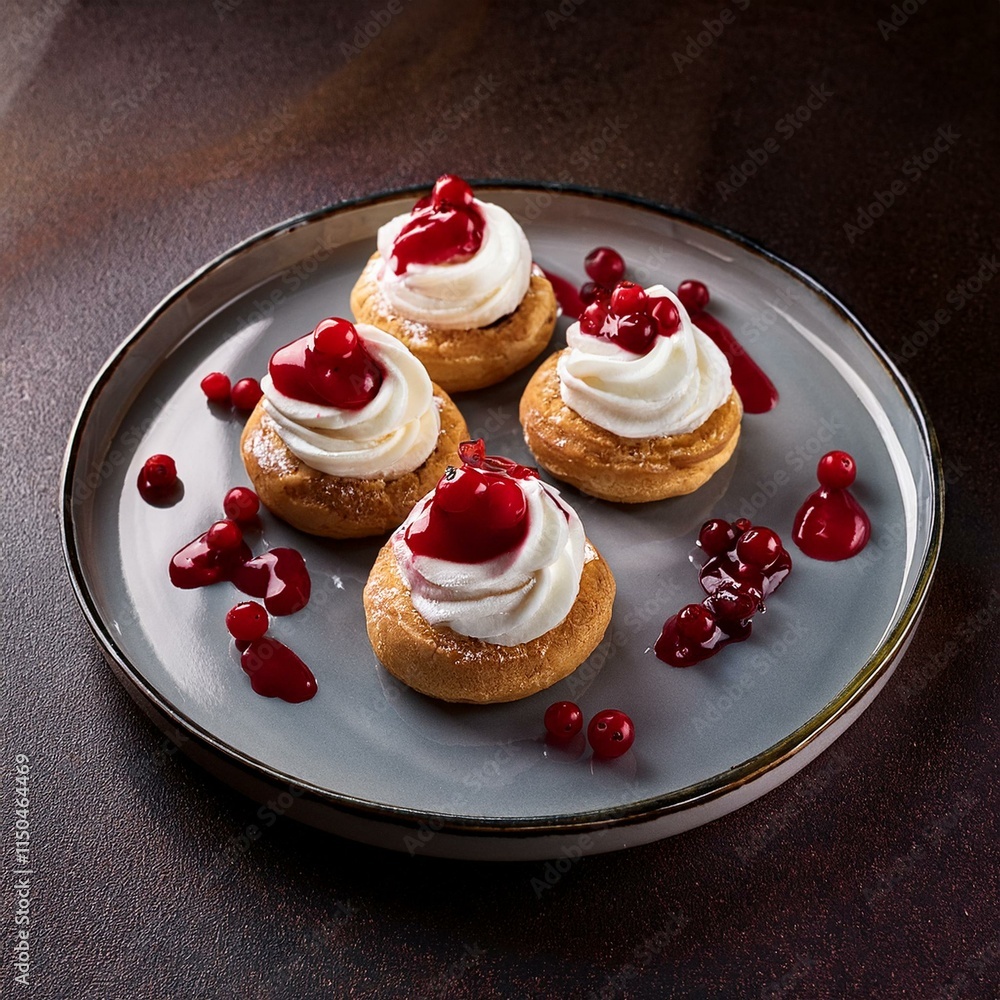Generated image plate of small round pastries topped with whipped cream cranberry sauce tasty delicious food Generated image plate of small round pastries topped with whipped cream cranberry sauce tasty delicious food