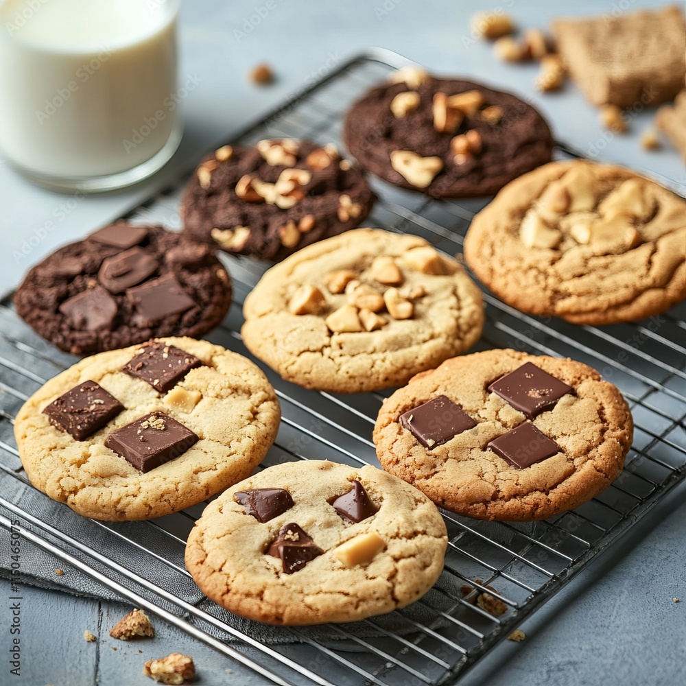 A delightful assortment of freshly baked cookies with chocolate chunks and nuts, arranged on a cooling rack, Cookies centered A delightful assortment of freshly baked cookies with chocolate chunks and nuts, arranged on a cooling rack, Cookies centered