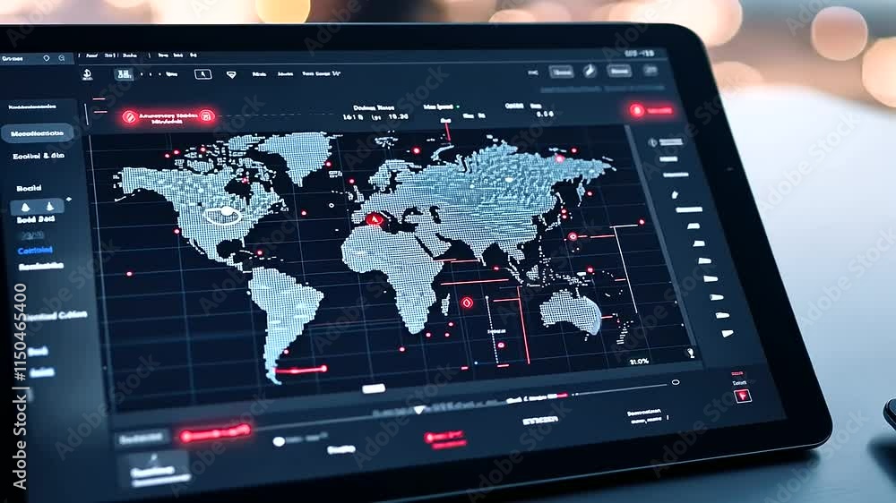 A sleek cargo container tracking app interface displayed on a tablet ...