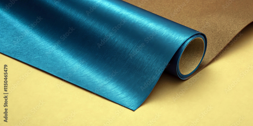 A roll of metallic blue fabric is partially unrolled against a golden background. The shiny surface of the material reflects light, highlighting its smooth texture.AI generated. A roll of metallic blue fabric is partially unrolled against a golden background. The shiny surface of the material reflects light, highlighting its smooth texture.AI generated.