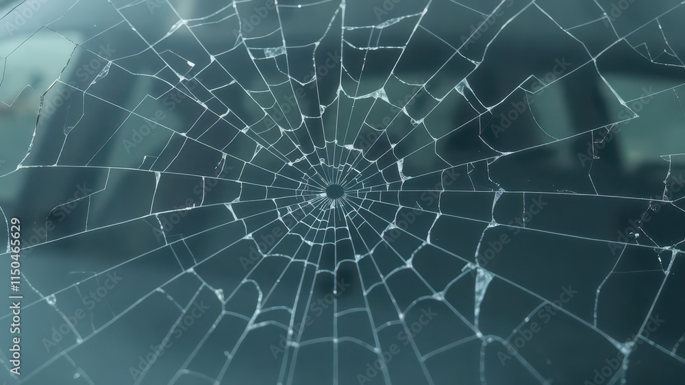 Fototapeta premium Cracked and shattered car windshield glass with spiderweb fractures, auto parts, repair cost, automotive repair