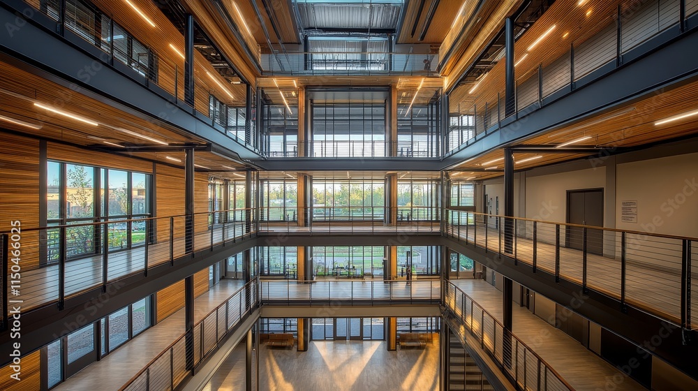 Obraz premium Modern multi-level atrium with glass walls and wooden accents, promoting collaboration and openness.