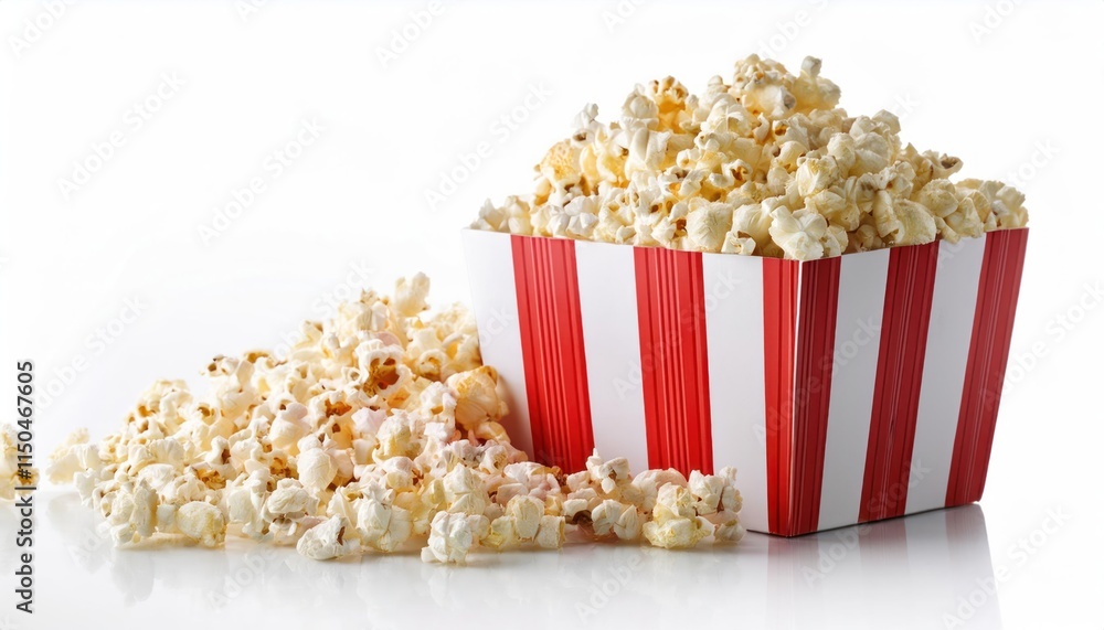 Popcorn in Red and White Striped Cardboard Box Isolated on White Background Popcorn in Red and White Striped Cardboard Box Isolated on White Background