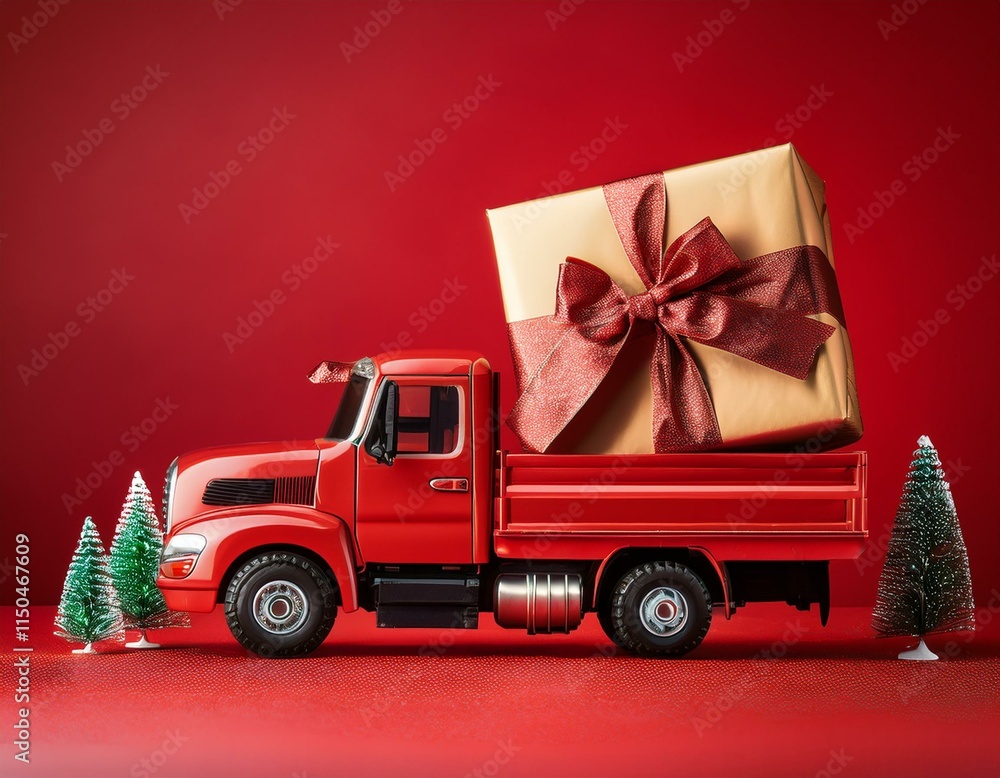 Generated image Red truck carrying a large wrapped gift box, set against a vibrant red background Generated image Red truck carrying a large wrapped gift box, set against a vibrant red background