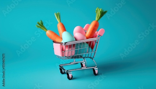 Easter Eggs and Carrots in Pink Cart, Minimalist Design on Blue Background