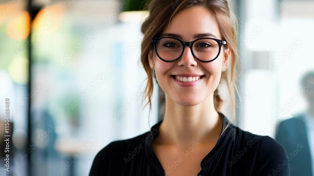 Young woman smiling confidently in a modern cafe during daytime, enjoying a relaxed atmosphere while engaging with friends Young woman smiling confidently in a modern cafe during daytime, enjoying a relaxed atmosphere while engaging with friends